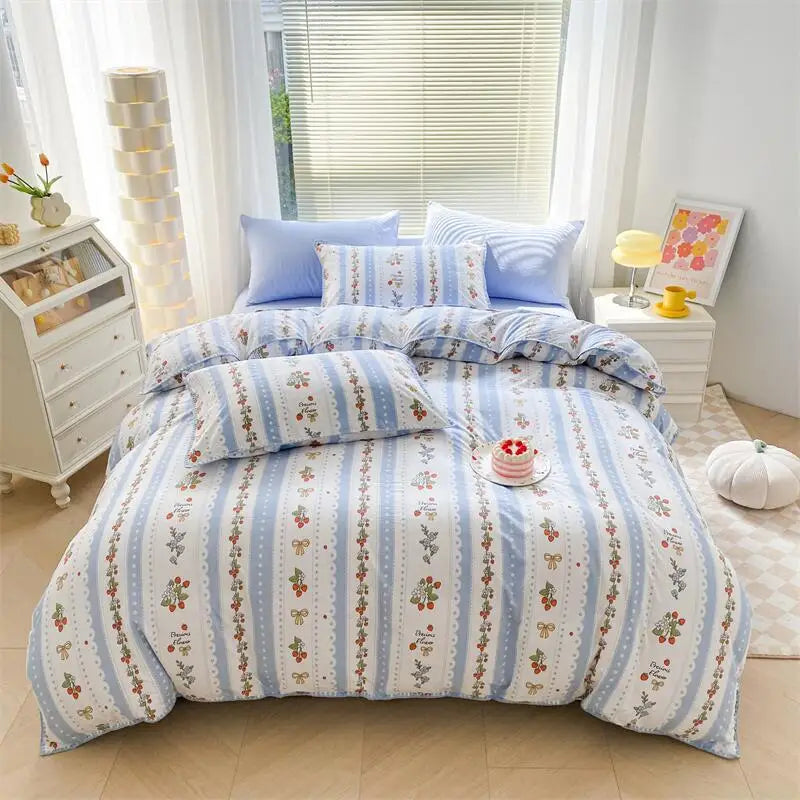 Lisslune | Ins Washed Double-Layer Garn Shell Stickerei Vier-Teiliges Bett Spannbettlaken