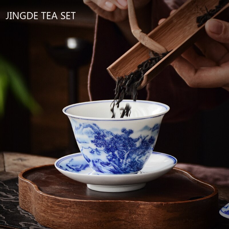 Lisslune | PorceVive Gaiwan Tea Cup | Handcrafted Porcelain with Landscape Pattern | Chinese Tea Set with Lid
