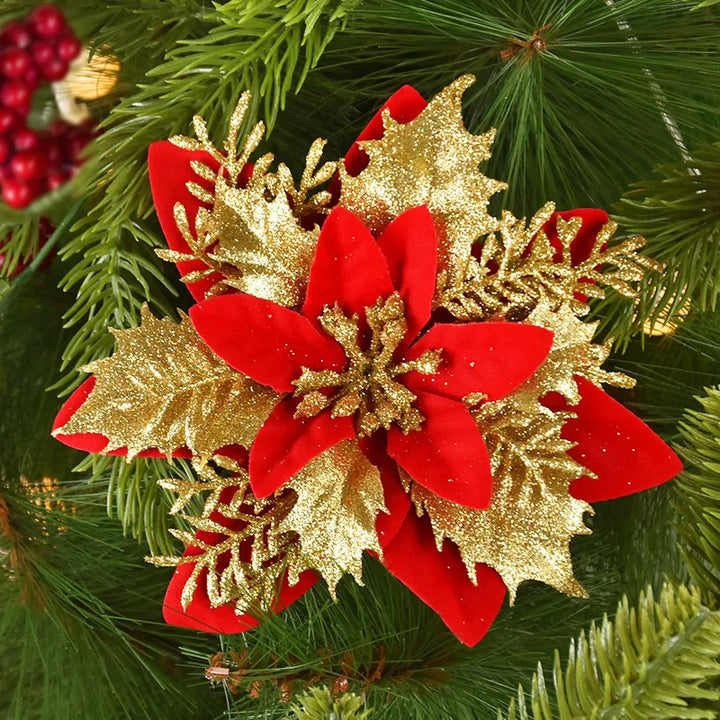 Rynx 5/10pcs 14cm Glitter Artificial Christmas Flowers Xmas Tree Ornaments Merry Christmas Decorations for Home New Year Gift Navidad