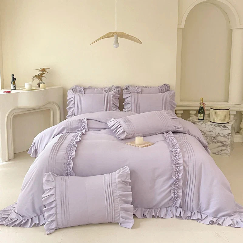 Rynx | Korean Princess Style Lace Ruffle Bedding Set Solid Color Duvet Cover Set Flat/Fitted Sheet Pillowcases with Pillow Covers