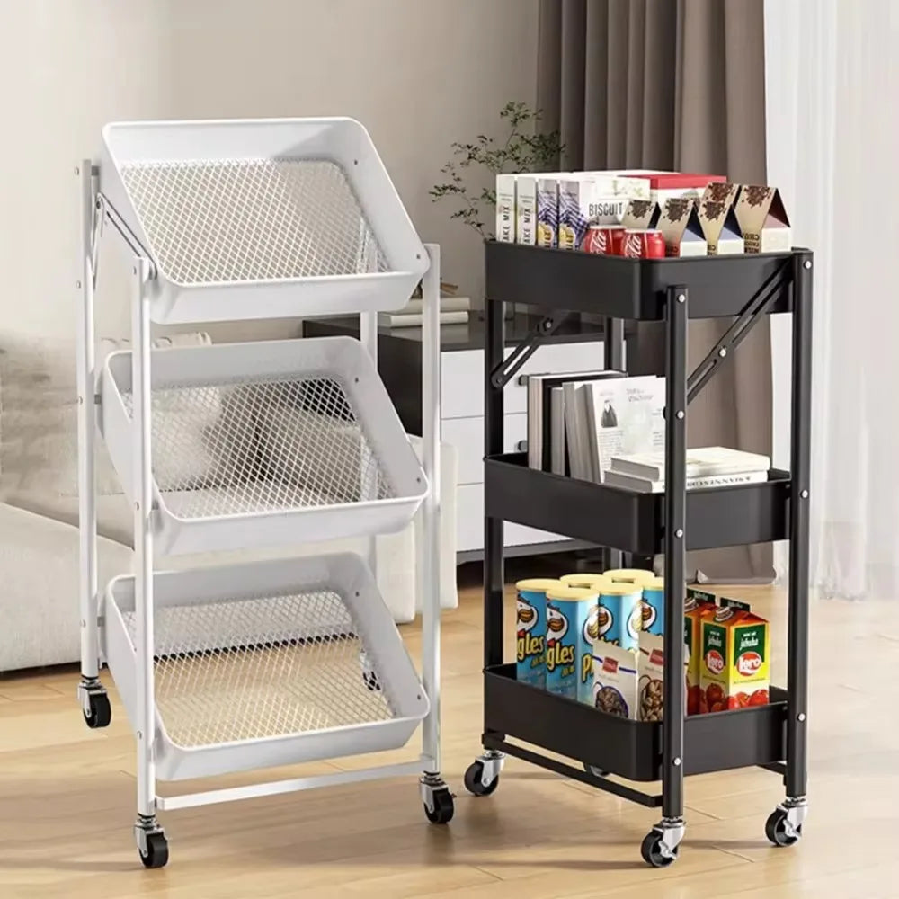 Rynx | Folding Storage Cart Shelf Kitchen Bathroom 3-tier Snack Shelves Bedroom Mobile Cart Storage Rack Organizer Cart