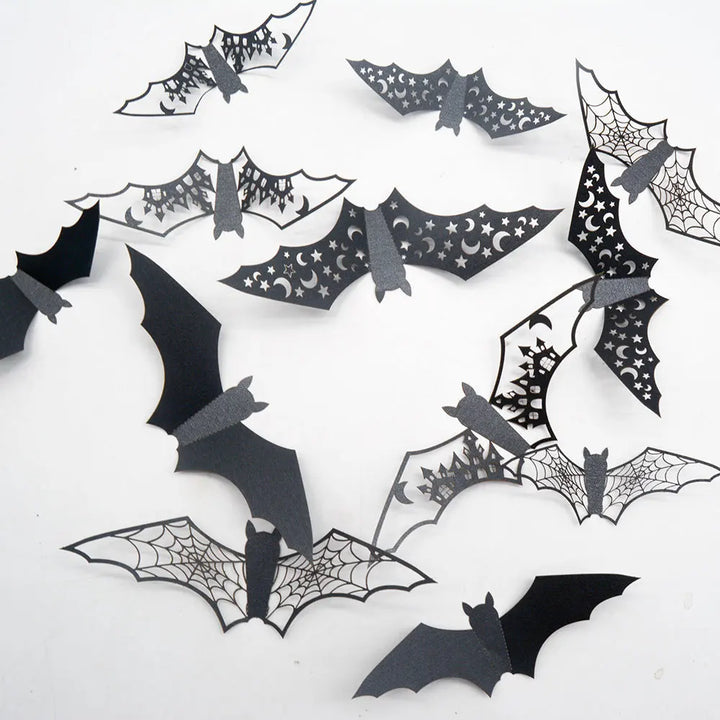 Rynx | New 12 Pieces Halloween 3D Hollow Bat Wall Stickers Black Bat Stickers Room Decor Party DIY Stickers Halloween Horror Bats Removable