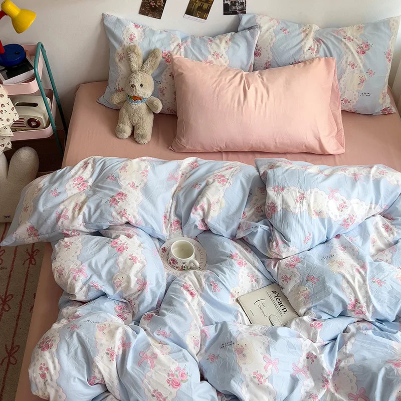 Rynx | Bedding Bedding Set A-Class Washed Cotton Four-Piece Bed Sheet Set Comfort Sets Solid Color Pair Duvet Cover Home Textiles