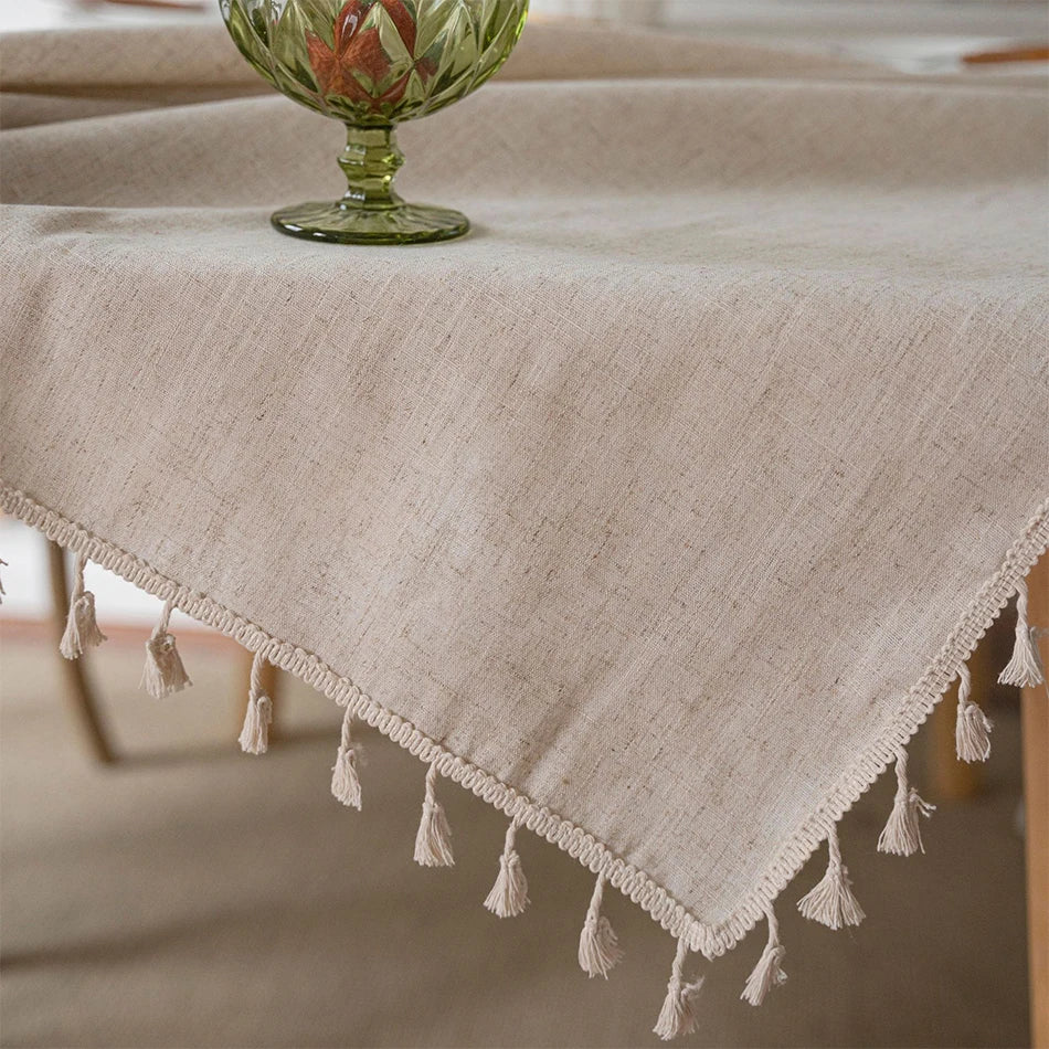 Rynx Linen Blend Tablecloth, Rectangular Fringe, Jute Rope Lace Dustproof Tablecloth, for Kitchen Dining Room Party Tea Table Decoration