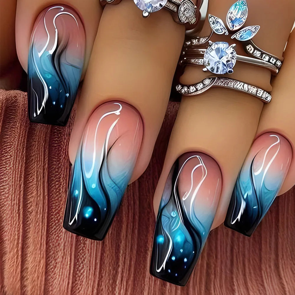 Rynx | 24 pcs. Blue Butterfly Ballet Press-On Nails Art Love Flowers Design Art Nails French Removable Fashion Artificial Nail Tips Manicure