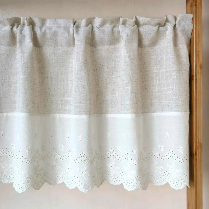 Rynx | Beige Splicing Short Curtains Valance For Kitchen Café Barrier Natural Linen Mixed Semi-Transparent Small Half Curtain Voile