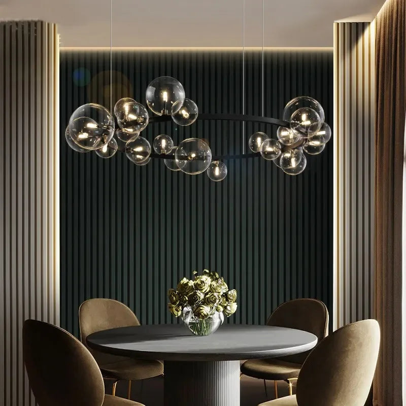 Lisslune | Modern creative metal chandelier lighting: 7/10 clear glass bubbles, long round design with G9 light socket