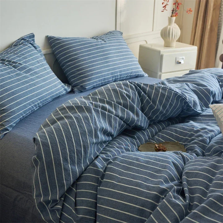 Lisslune | Luxus 100% Baumwolle Streifen 3-teiliges Bettbezug-Set (1 Bettbezug + 2 Kissenbezüge), Garngefärbt, Weiches Bettwäsche-Set, Mehrere Größen