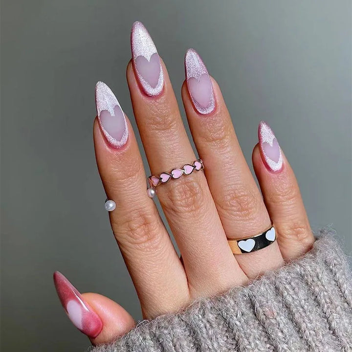 Rynx | Red Love Heart French Sweet Nail Art Nude Pink Artificial Nails Removable Finished Fingernails Valentine's Day Gift Press-on Nails With Glue