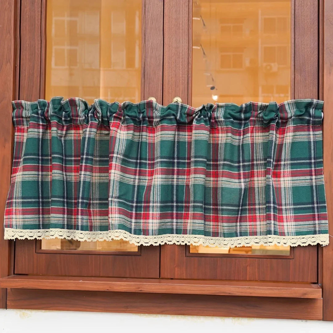 Rynx | 1 Piece Christmas Decoration Short Curtain Small Curtain Red and Green Checked with Lace Trim Rod Pocket Installation for Small Windows Kitchen Bathroom Living Room Coffee Curtain