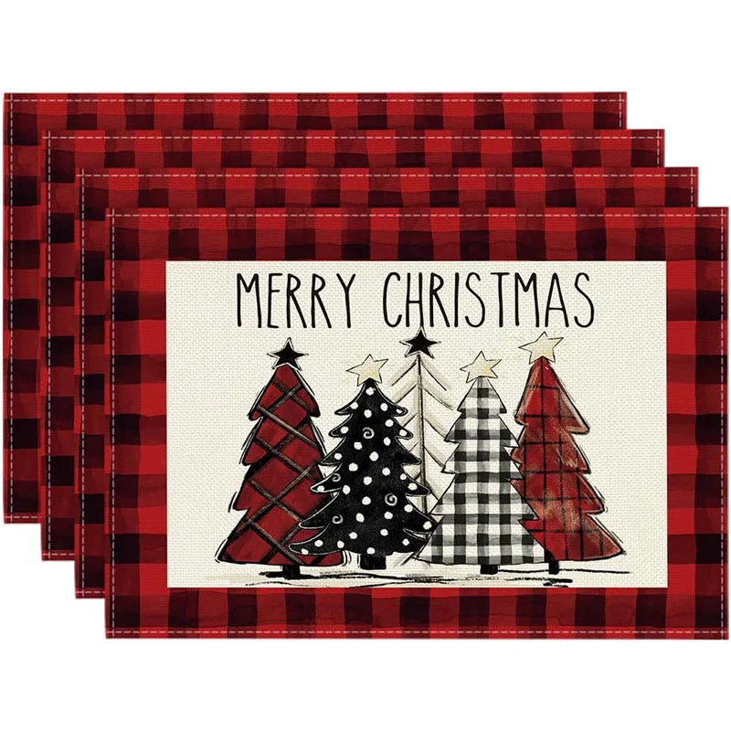 Rynx 4Pc Christmas Tree Moose Placemat Linen Dining Table Mats Coaster Bowl Coffee Mug Pad Mat 2024 Christmas Home Kitchen Decoration
