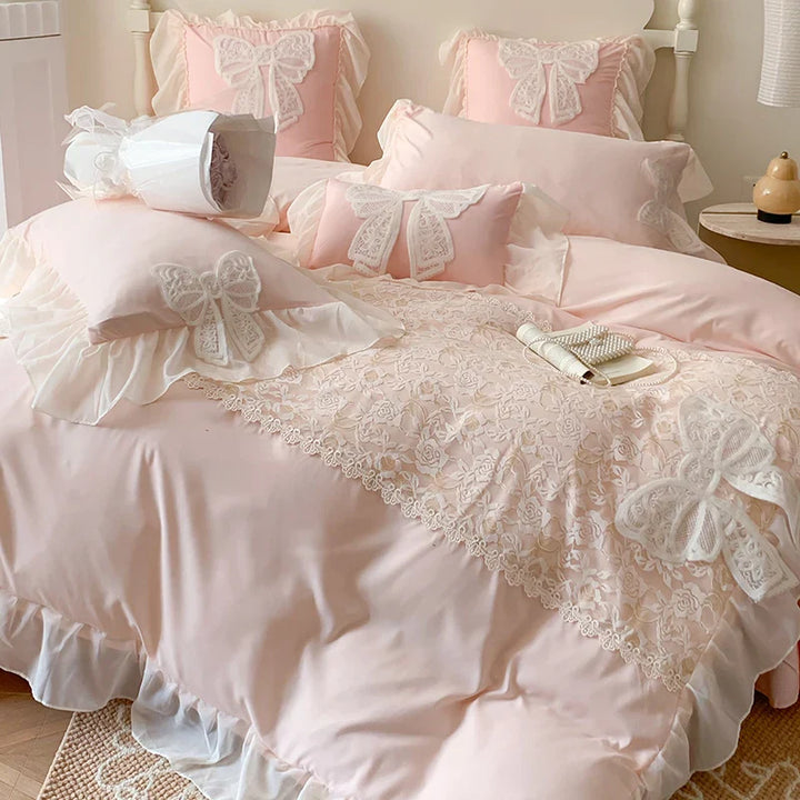 Rynx | Korean Princess Bedding Set Coquette Lace Bow Beauty Solid Color Lace Ruffle Comforter Sets Luxury Girls Wedding Duvet Cover