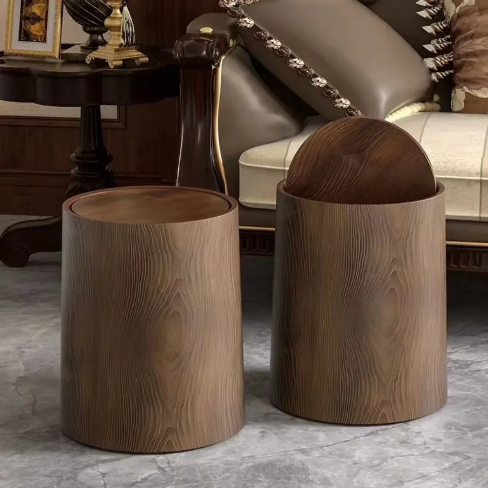 Rynx | Retro Wood Trash Can Waterproof Waste Basket Decoration Bathroom Trash Can Household Large Capacity Garbage Container Kitchen Accessories