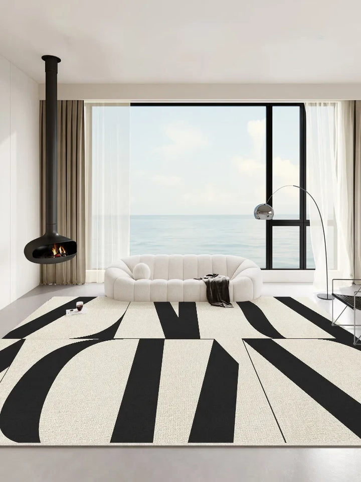 Rynx | Modern Minimalist Living Area Large Rugs Black White Bedroom Nightstand Rug Irregular Geometric Pattern Rugs IG Rug
