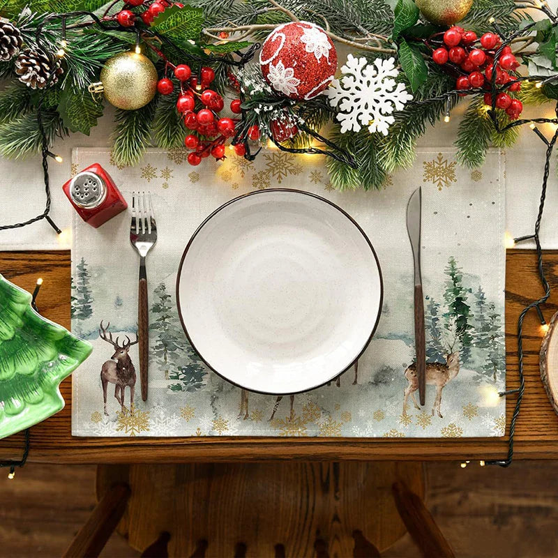 Rynx 4Pc Christmas Tree Moose Placemat Linen Dining Table Mats Coaster Bowl Coffee Mug Pad Mat 2024 Christmas Home Kitchen Decoration