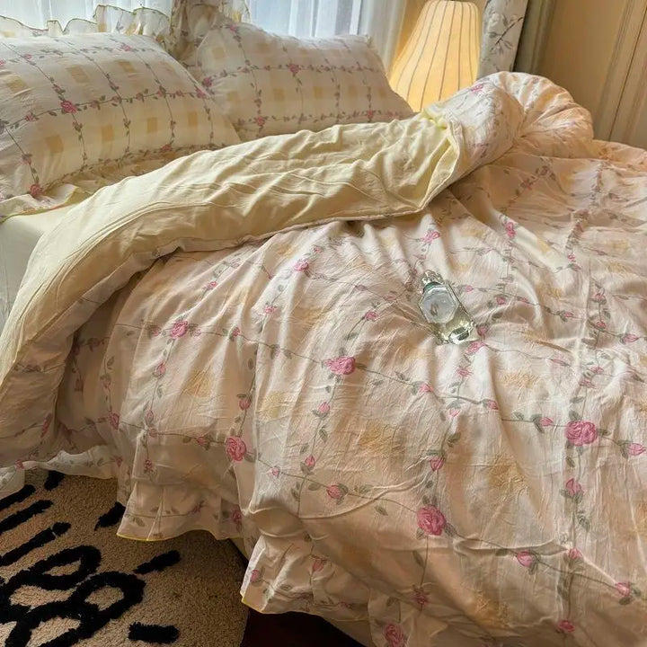 Rynx | Korean Princess Bedding Set Skin-friendly Washable Cotton Bedding Set of Four Pieces Lace Bedding Set Pillowcases Duvet Cover