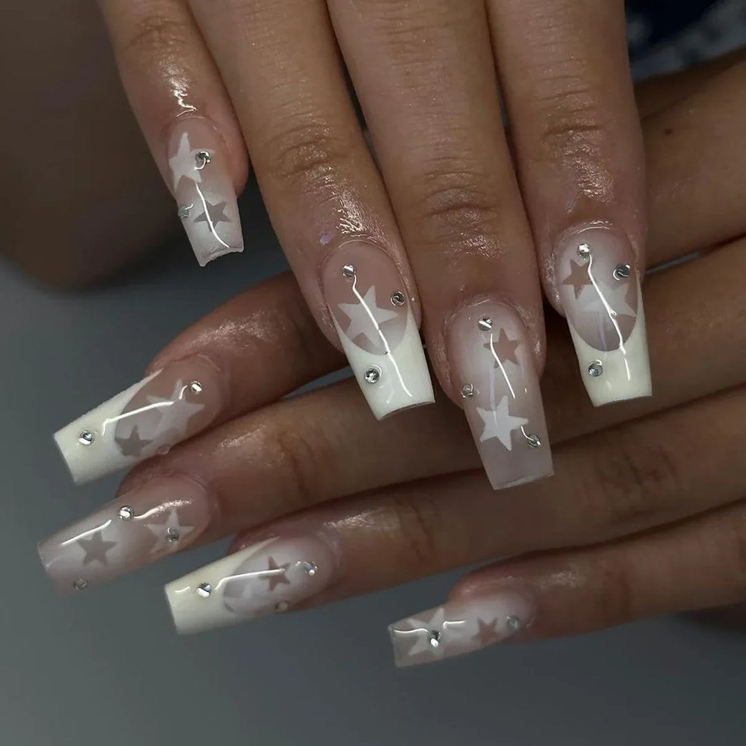 Rynx | Shiny Rhinestone White Stars French Nail Art Fashion Simple False Nails Removable Ready Artificial Nails Glue Nails with Glue