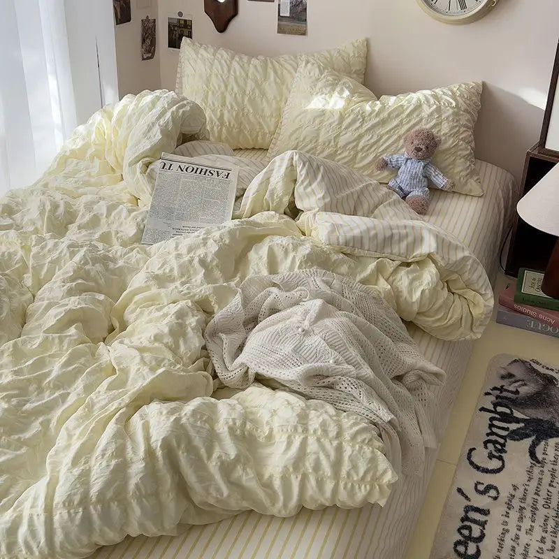 Rynx | Seersucker Princess Girl Bed Linen Set Duvet Cover Korean Four-Piece Washed Cotton Bed Sheet Blanket Set