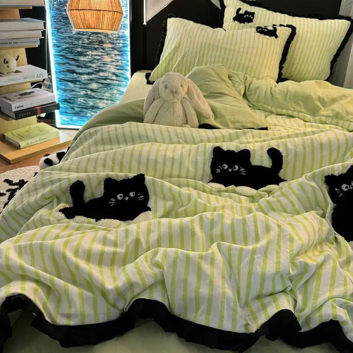 Rynx | Korean Style Bedding Set Green Stripes Black Cat Embroidery Washed Cotton Duvet Cover Cute Cartoon Bedding Blanket Set