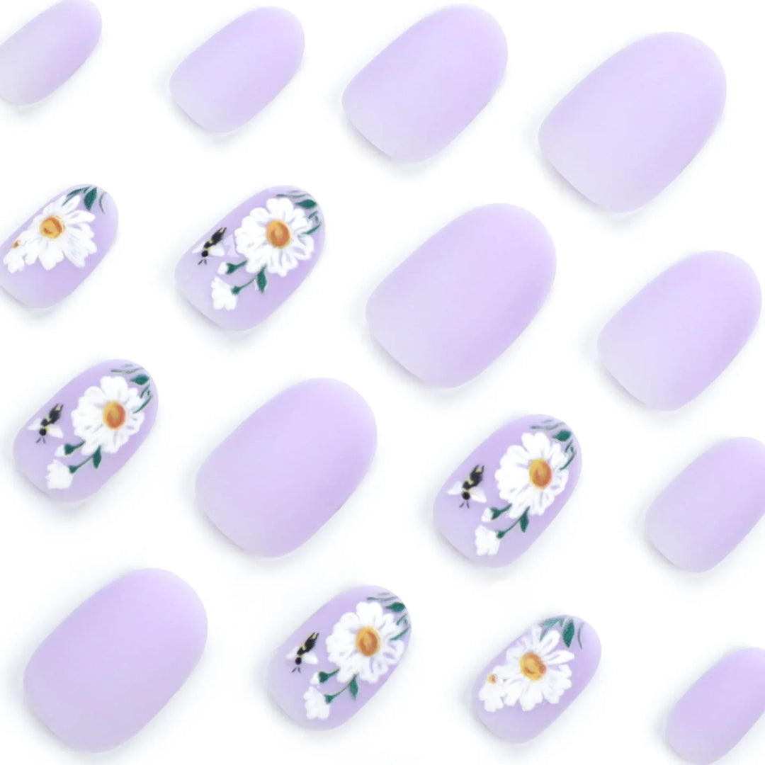 Rynx | Hand-painted Daisy Bee Nail Art Purple Color Art Nails Fashion Removable Ready Artificial Nails Press on Nails with Glue