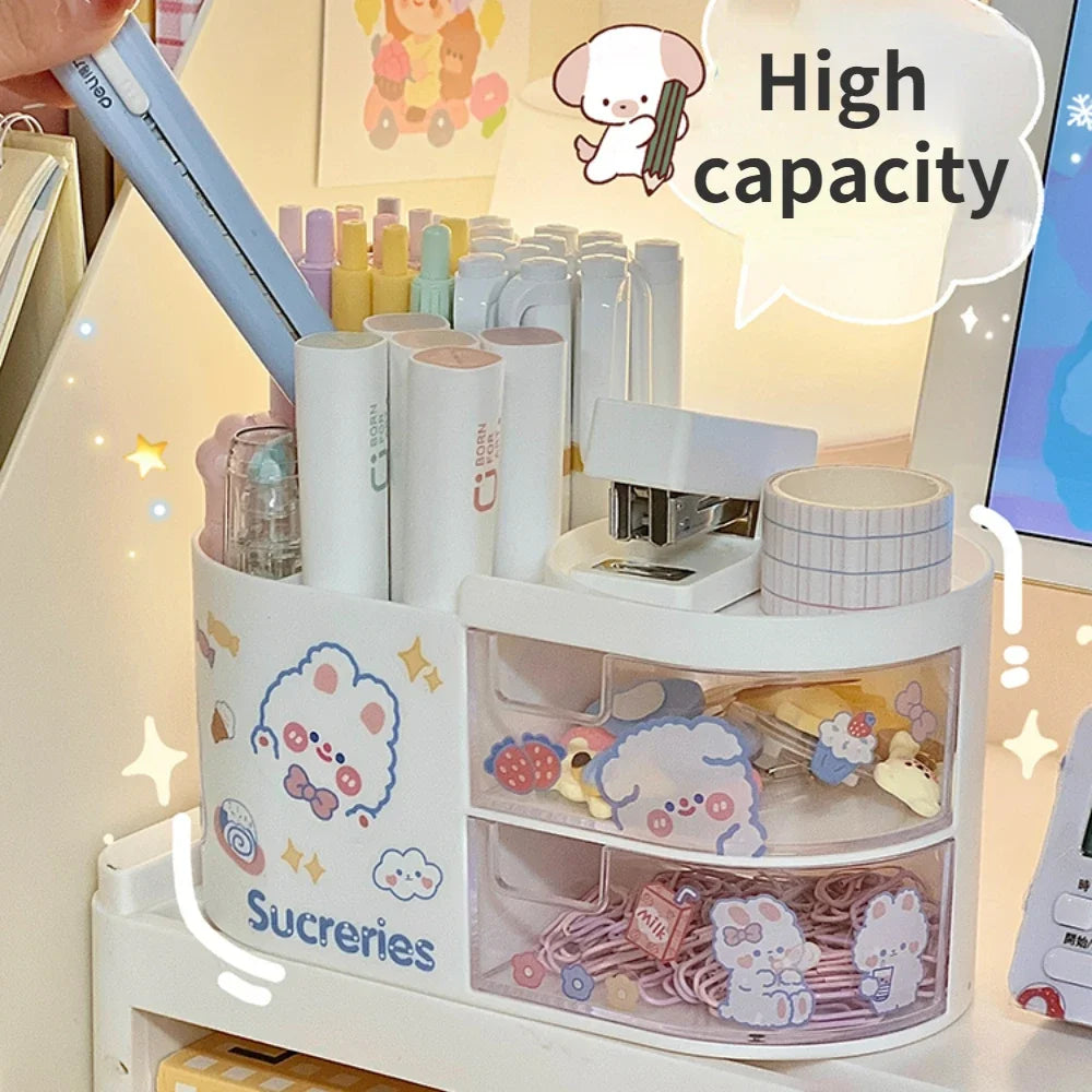Rynx | Japanese Style Desktop Pen Holder Cute Multifunctional Large Capacity Partition Drawer Desk Stationery Organizer Storage Box