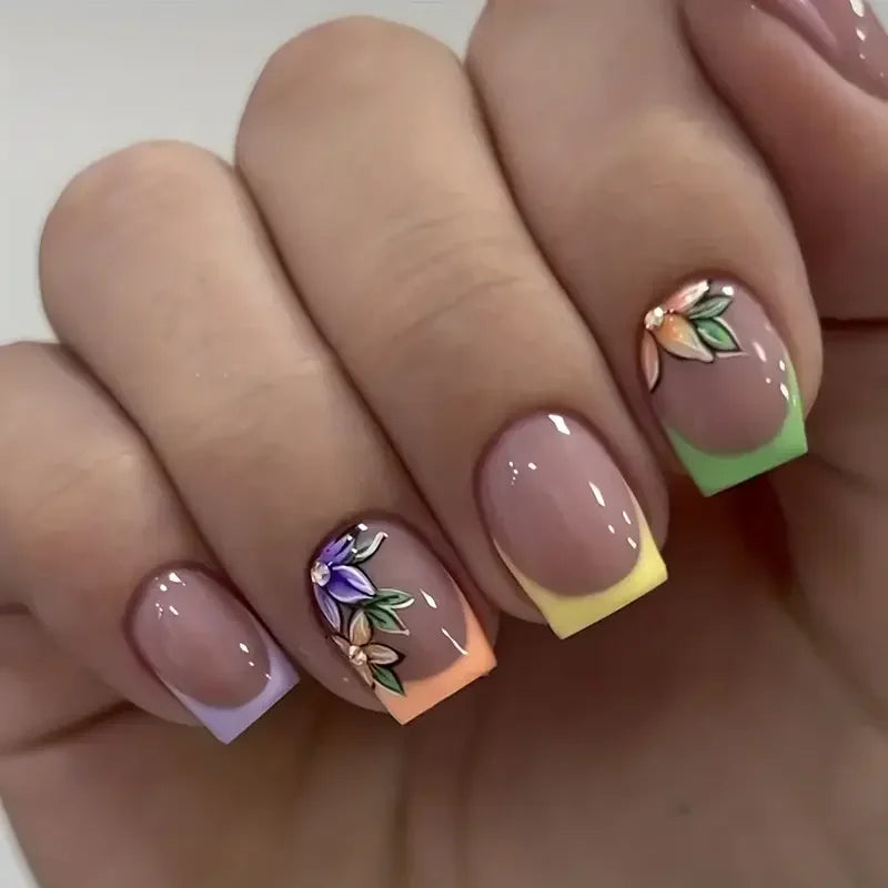 Rynx | 24 Piece Square Press-on Nails Set with Pink Flower Patterns Full Coverage Acrylic Nail Tips Glue for Stylish Women/Girls