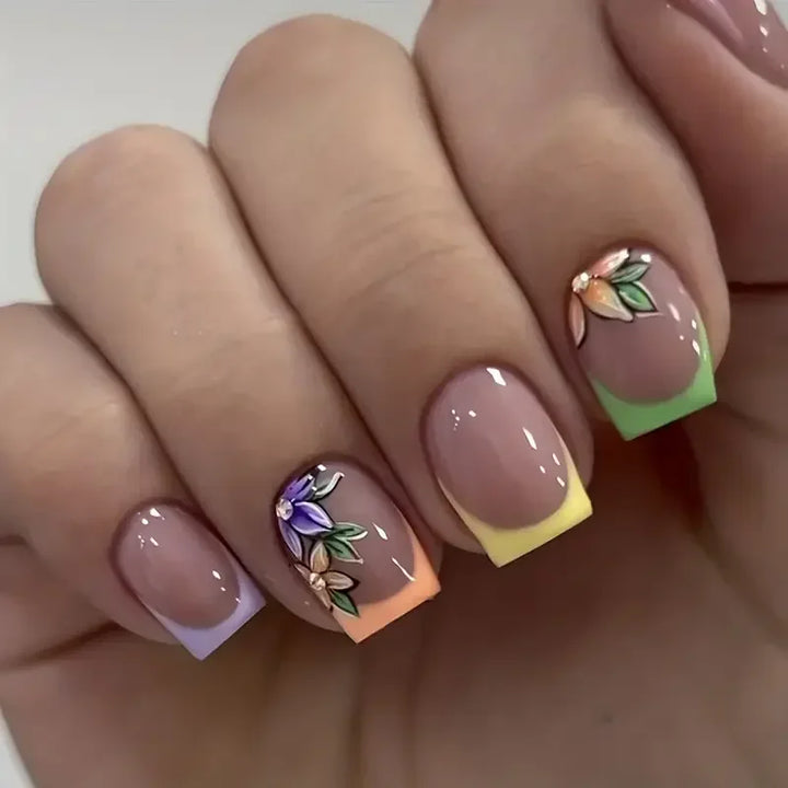 Rynx | 24 Piece Square Press-on Nails Set with Pink Flower Patterns Full Coverage Acrylic Nail Tips Glue for Stylish Women/Girls