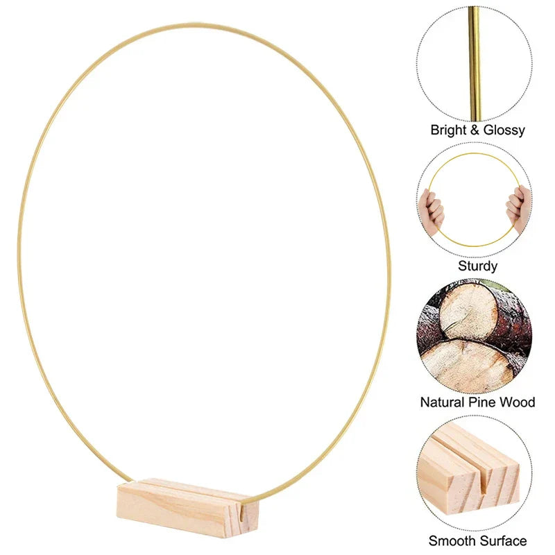 Rynx Gold Metal Flower Ring Hoop with Wood Base for Wedding Party Table Centerpiece Decoration Artificial Flower Garland DIY Wreath