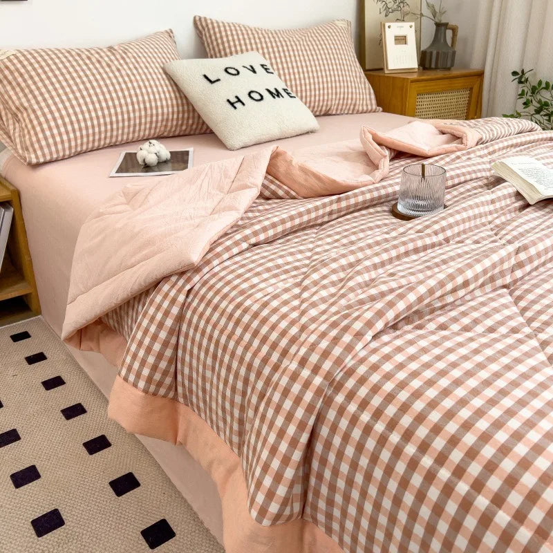 Rynx Summer Duvet Machine Washable Bed Cover Grid King Size Blanket Double Cotton Soft Fashion Air Conditioning Cool Quilt