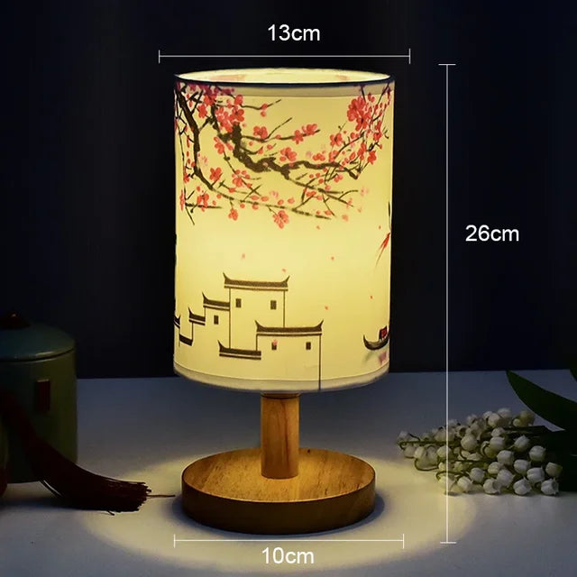 Lisslune | Dimmable LED bedside lamp with fabric shade in plum blossom – Perfect bedroom night lamp