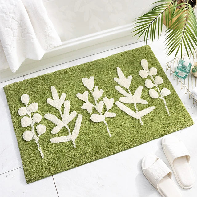 Rynx | Leaf Green Flocked Bath Mat Non-Slip Absorbent Microfiber Bathroom Rug Entrance Mat Super Soft Bath Rug Carpet