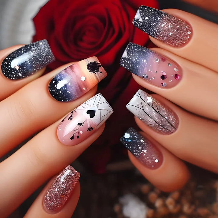 Rynx | 24 pcs. Blue Butterfly Ballet Press-On Nails Art Love Flowers Design Art Nails French Removable Fashion Artificial Nail Tips Manicure