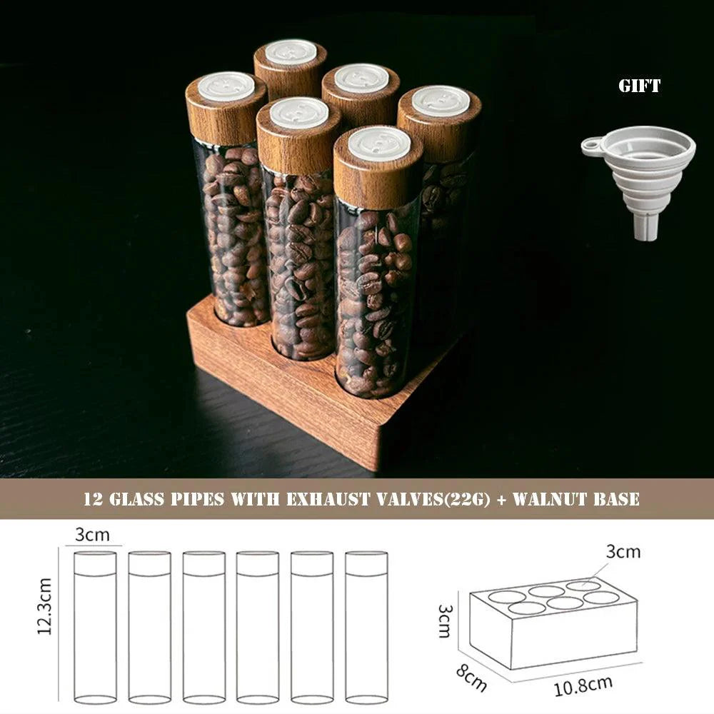 Lisslune | Stylish Walnut Base Coffee Bean Display Organizer with Elegant Glass Tubes