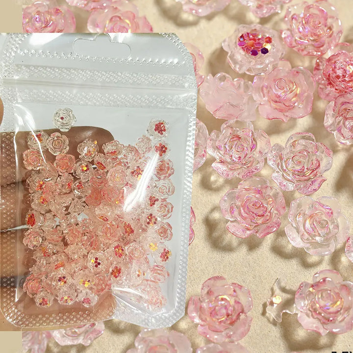 Rynx | 100 pcs. Light purple glitter camellia rose nail art charms 7.5/6mm flat back resin nail decoration sweet flowers nail supplies