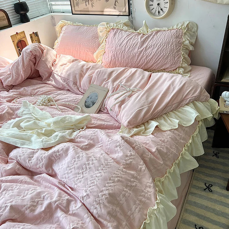 Rynx | Pink Korean Princess Style Lace Ruffles Bedding Set Skin-Friendly Seersucker Duvet Cover Set Fitted Sheet/Bed Sheet Pillowcases
