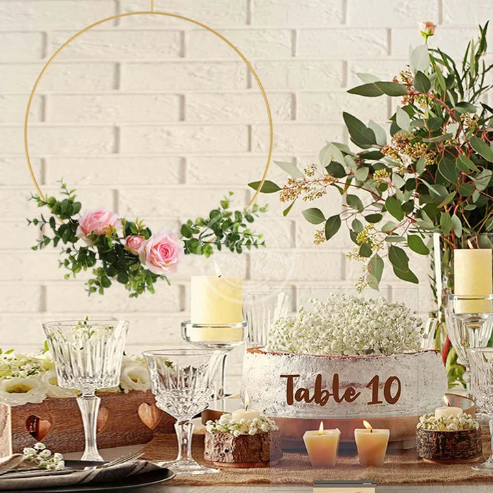 Rynx Gold Metal Flower Ring Hoop with Wood Base for Wedding Party Table Centerpiece Decoration Artificial Flower Garland DIY Wreath