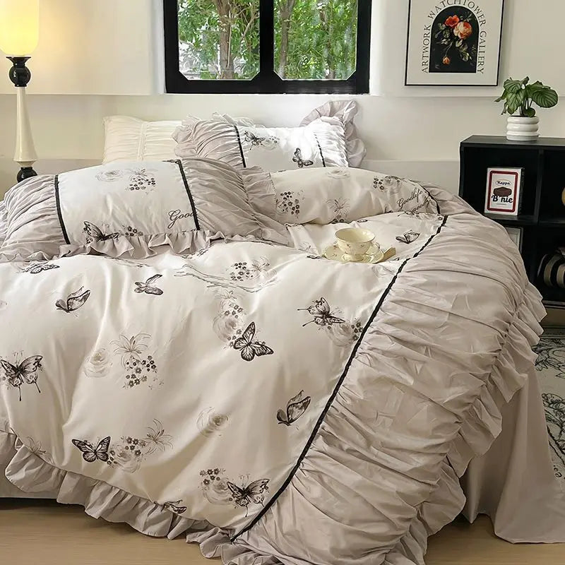 Rynx | French Retro Lightweight Luxury Washed Cotton Four-Piece Set Bedroom Lace Bedding Set Single Bedding Set Dorm Bedding
