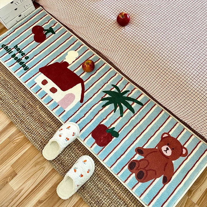 Rynx Carpet for Bedroom Living Room Bed Edge Striped Doormat Cartoon Bear Soft Fluffy Rug Girls' Room Artificial Cashmere Floor Mats