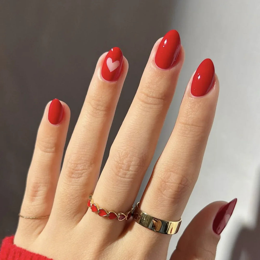 Rynx | Red Love Heart French Sweet Nail Art Nude Pink Artificial Nails Removable Finished Fingernails Valentine's Day Gift Press-on Nails With Glue