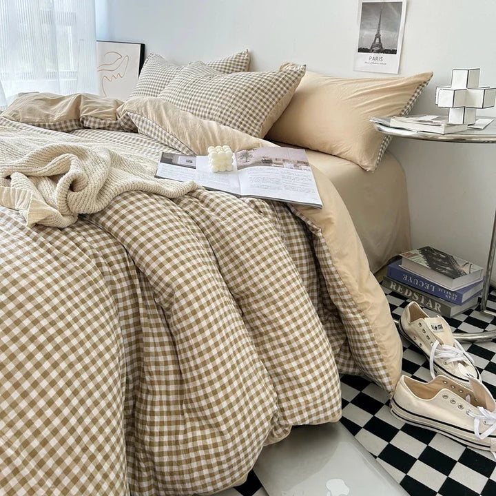 Rynx | Bedding washed cotton stripe grid minimalist bed sheet set comforter sets queen duvet double for boys and girls