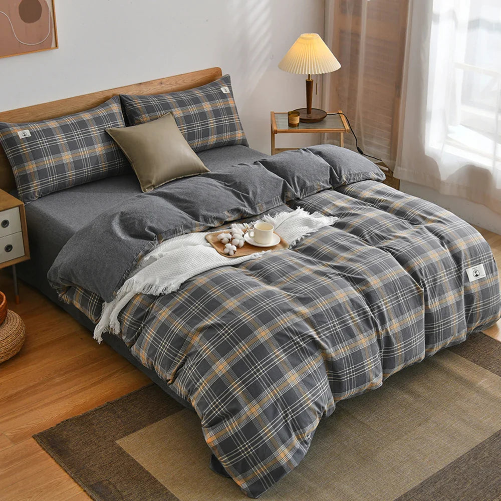 Rynx | 100% Cotton Duvet Cover Set with Pillowcase Japanese Style Grid Duvet Cover 220x240 Duvet Cover Set King Size
