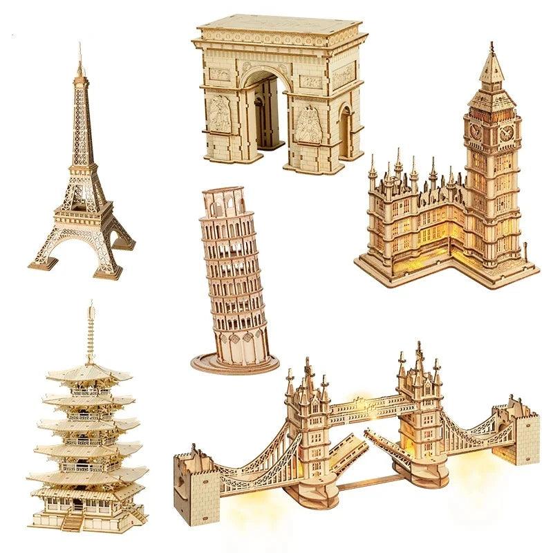 Lisslune | 3D Architectural Wooden Puzzle Set: Build Big Ben, Tower Bridge & Five-Story Pagoda