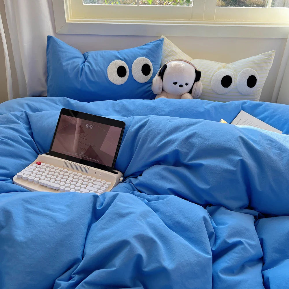 Rynx | In Black Big Eye Solid Color Bedding Set Girls Boys Flat Bed Sheet Blue Duvet Cover Pillowcase Washed Cotton Bedding Home Textiles