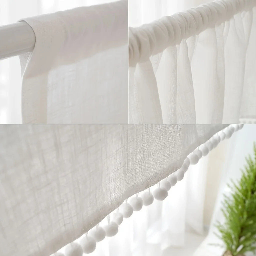 Rynx | 1 piece artificial linen cross pattern lace cotton ball short curtain half curtain small curtain Japanese and Korean style decorative curtain for kitchen furniture restaurant window curtain