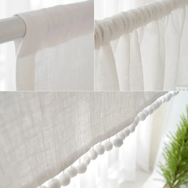 Rynx | 1 piece artificial linen cross pattern lace cotton ball short curtain half curtain small curtain Japanese and Korean style decorative curtain for kitchen furniture restaurant window curtain