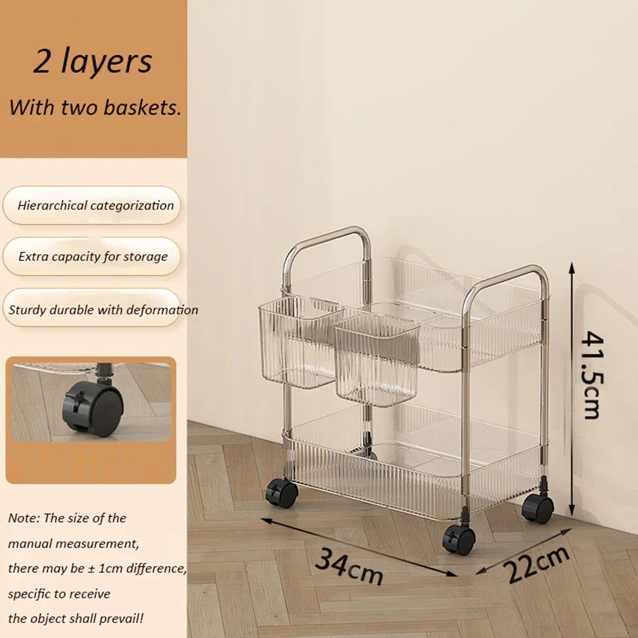 Rynx | Light Luxury Storage Trolley 2/3/4 Layers Transparent Acrylic Rolling Cart With Removable Hanging Goods Snacks Book Shelf