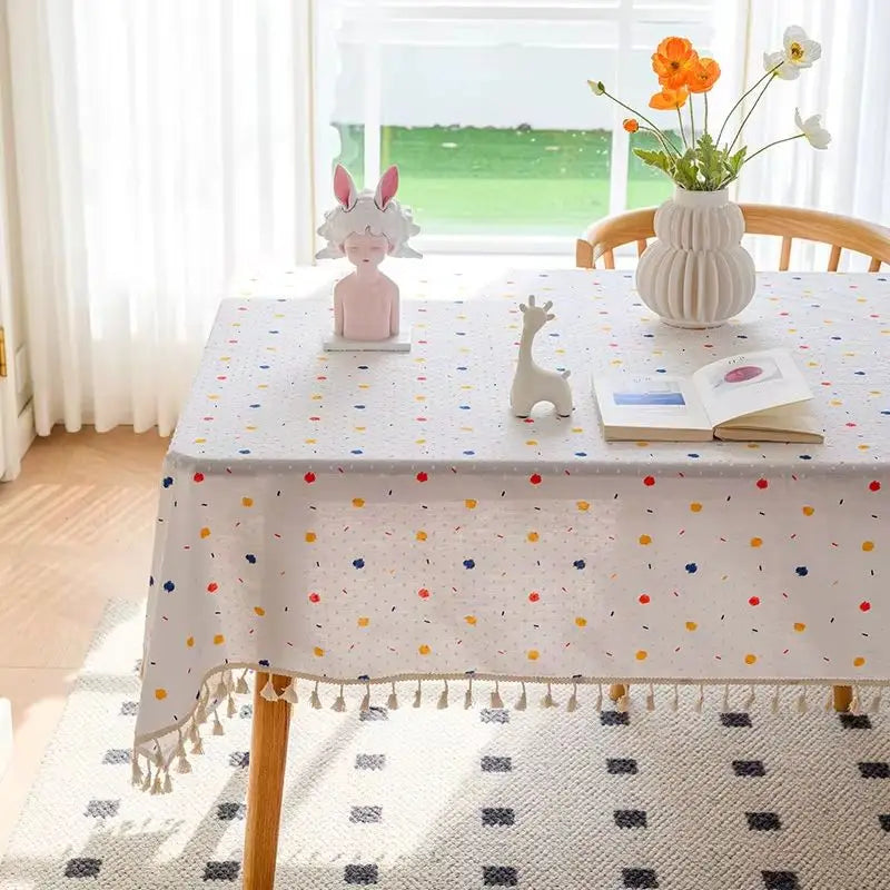 Rynx Korean Style Cotton Tassel Floral Tablecloth, Tea Table Decoration, Rectangular Tablecloth for Kitchen Wedding Dining Room