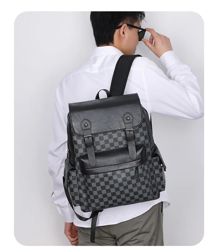 Lisslune | Trendy Checkered Business Versatile Men's Backpack Travel Large Capacity Luxury Brand Design Backpack Men PU Leather School Backpack