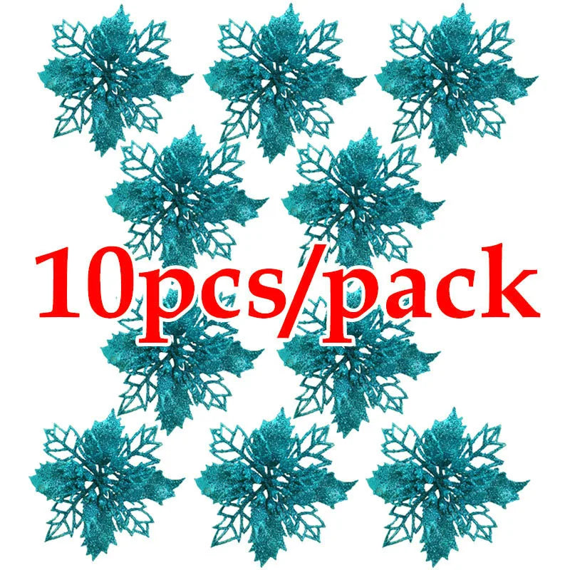 Rynx | (10 pieces) Artificial Christmas Tree Flowers Glitter Decorations Xmas Ornament New Year Gift
