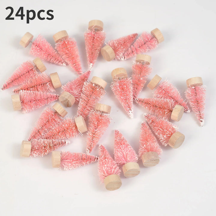 Rynx | 24 pieces, Mini Christmas sisal snow frost tree with wooden bottle brush - Perfect desktop tree for Christmas party and home decor